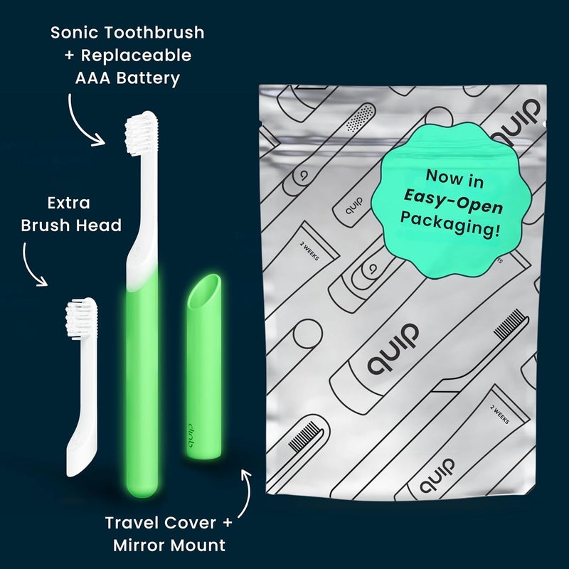 quip Sonic Toothbrush for Kids with Timer - Includes Extra Brush Head and Travel Cover Mount - Electric, Soft Bristle Refill Head, Rubber Handle, 3 Month Battery Life - Glow in The Dark, Green - Image 2